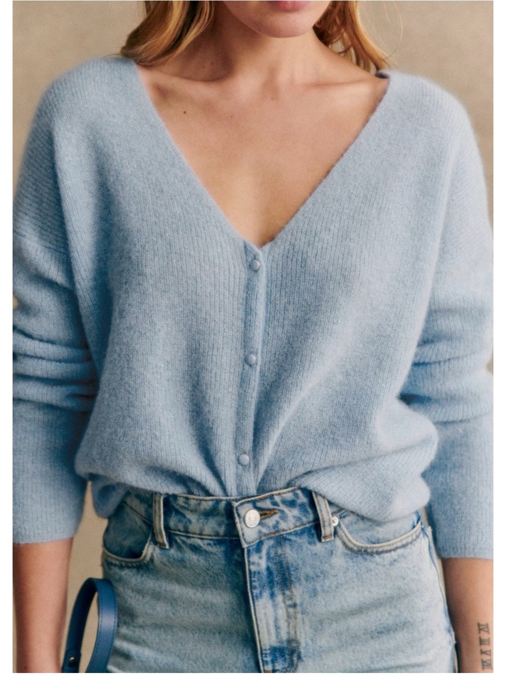 EUC  XS Sezane Barry Light Blue Kid Mohair Blend Cardigan Parisian Classic